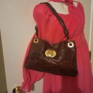 B. Makowsky Brown and Gold Shoulder Bag with Structured Design